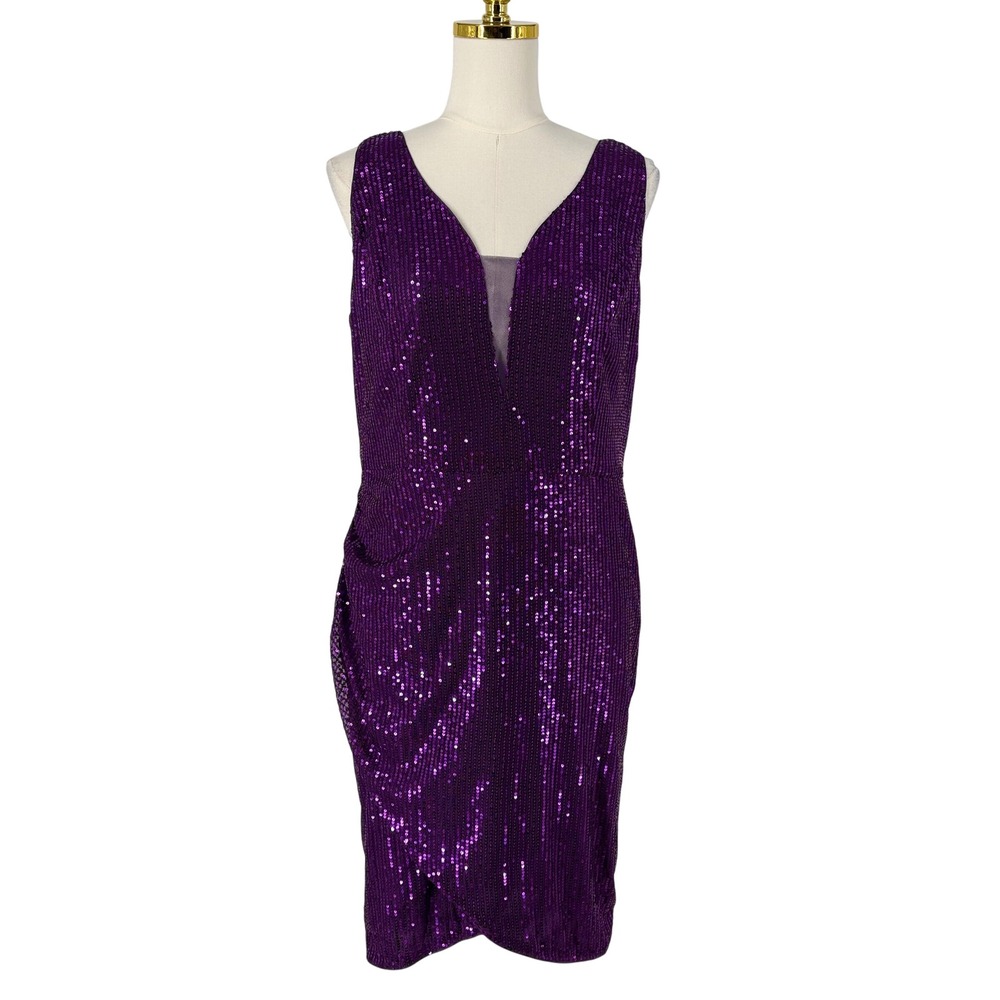 Grace‎ Karin Purple Sequin V-Neck Sleeveless Ruched Cocktail Dress XL Cocktail